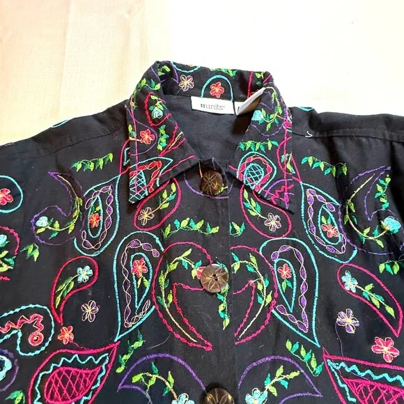 Vintage Units Linen Blend Embroidered Paisley Jacket Medium Black Boho Shirt - Picture 3 of 11